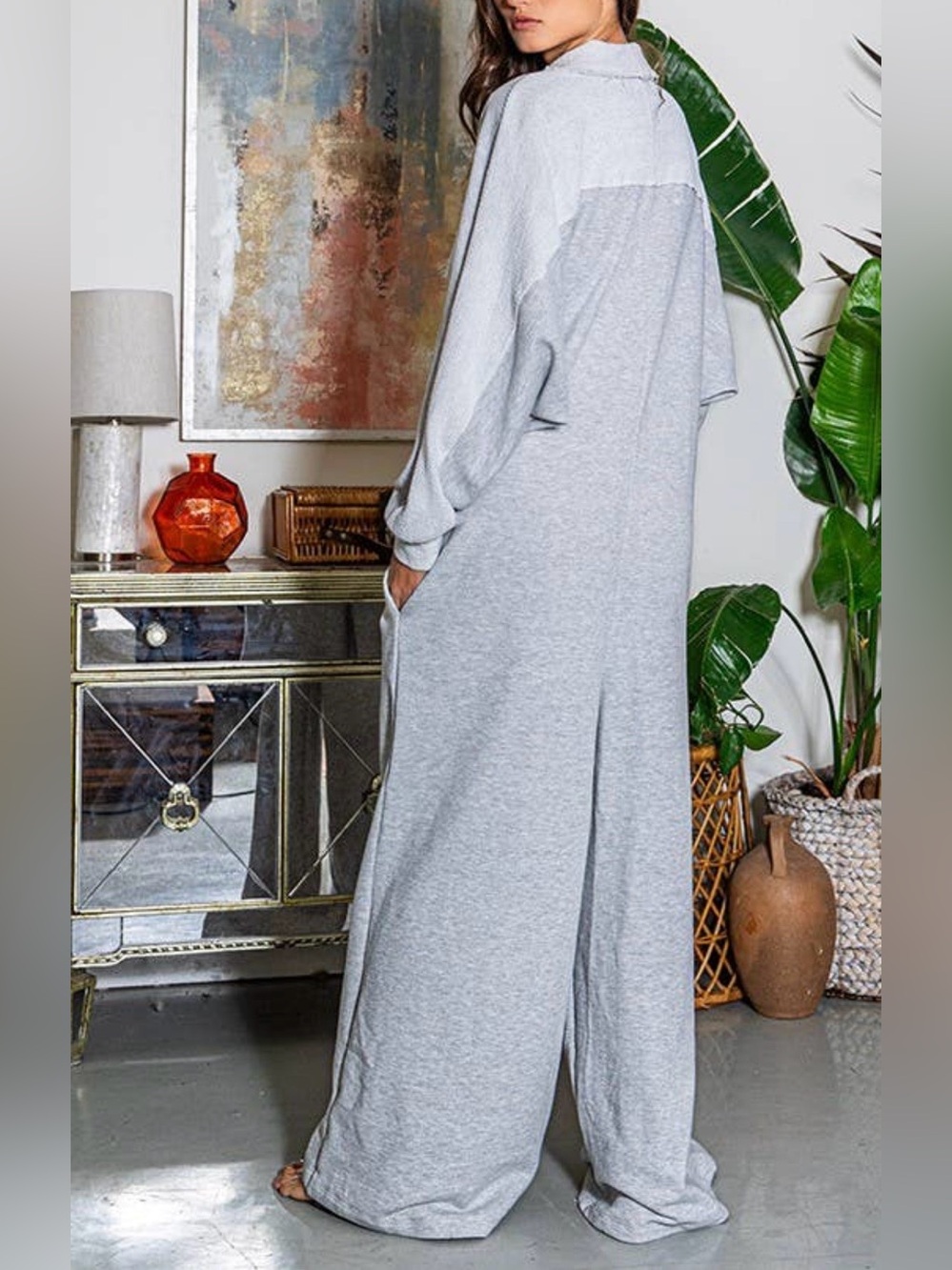 Bucket List Oversized Two-Tone Gray Wide Leg Jumpsuit Raw Edges Texture Button M - Picture 6 of 16
